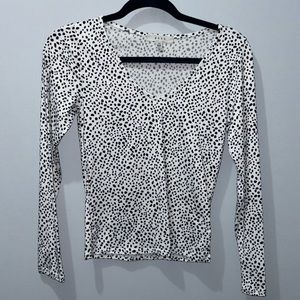 White V Neck Long Sleeve with Black polka dots